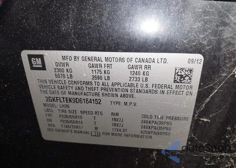 2013 GMC Terrain Sle-2 z USA, uszkodzony, nr VIN 2GKFLTEK9D6164152